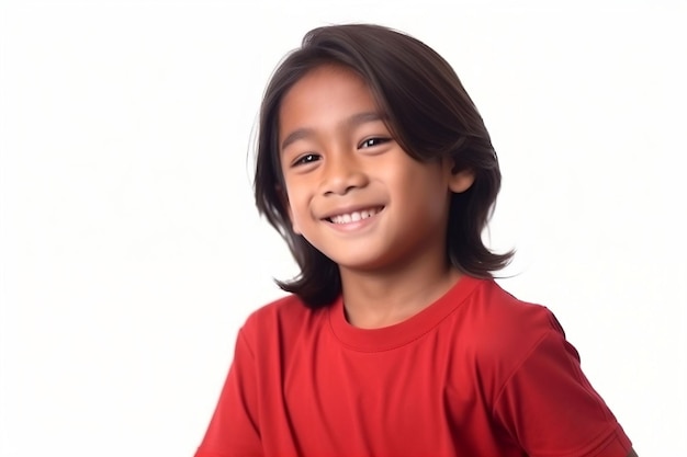 Asian boy smiling wear red outfit in a white background