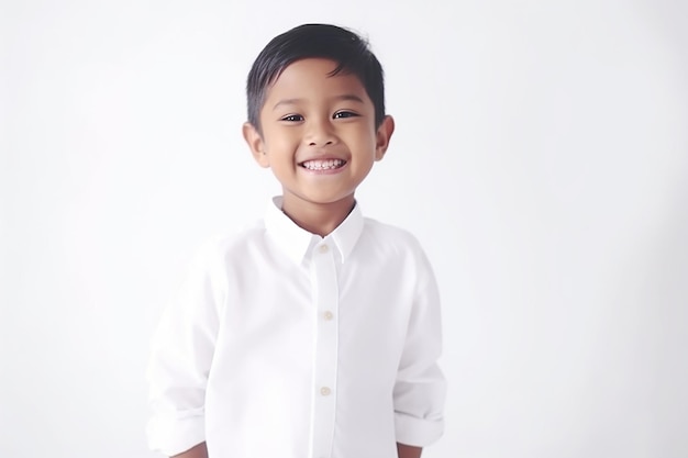 Asian boy smiling wear white outfit in a white background