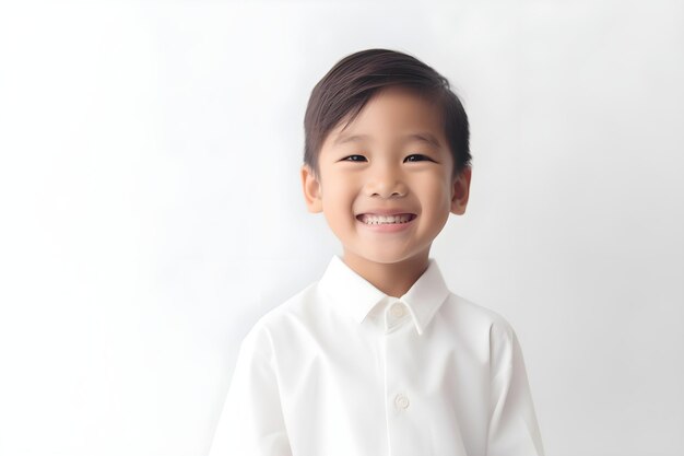 Asian boy smiling wear white outfit in a white background