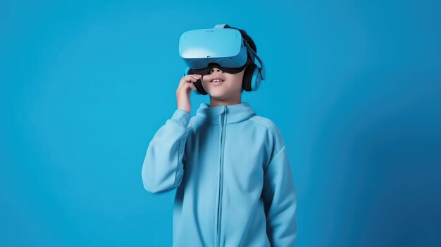 Photo asian boy wearing virtual reality goggles on blue background