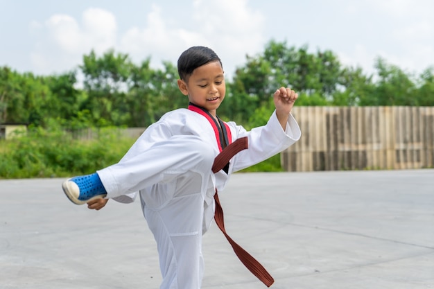 白いテコンドースーツを着たアジアの男の子が戦闘にキックを演じ、スポーツコンセプト