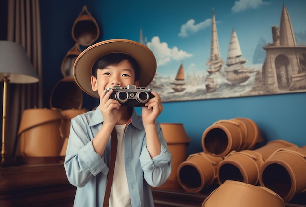 Asian boy with old binoculars Freedom little looking Generate Ai