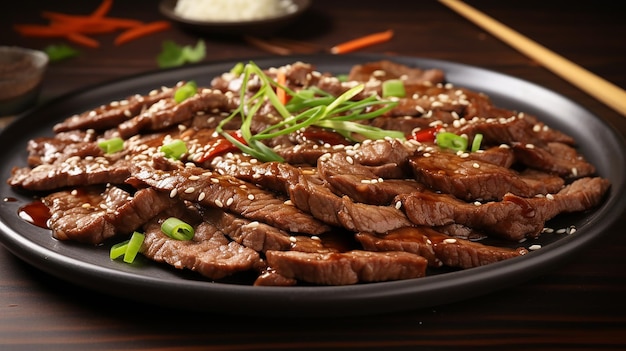 アジアのプルコギ牛肉のスライスを皿にごまで揚げたおいしい韓国料理