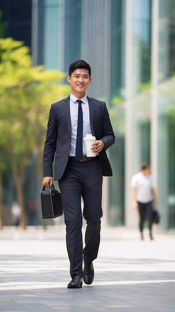 Asian business executive walking on city plaza