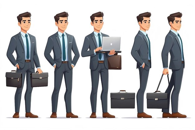 Photo asian business man concept of cartoon character in office style clothes handsome businessman holds briefcase and laptop