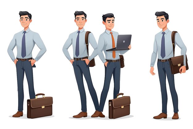アジアのビジネスマンオフィススタイルの服を着た漫画キャラクターのコンセプトハンサムなビジネスマンがブリーフケースとラップトップを持っています