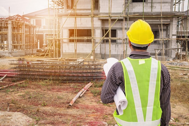 Lavoratore asiatico dell'ingegnere edile dell'uomo d'affari al cantiere della casa