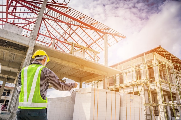 Asian business man construction engineer worker in protective helmet and blueprints paper on hand at house building site