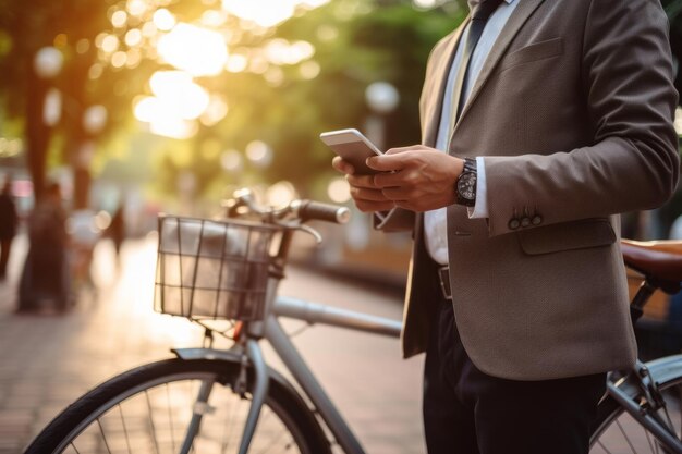 日没時に都市公園に立っているアジアのビジネスマンが、自転車レンタルデジタル電話アプリを使ってスマートフォンを持ち、QRコードをスキャンして市内公共エコ交通モバイルアプリケーションで電動自転車をレンタルする