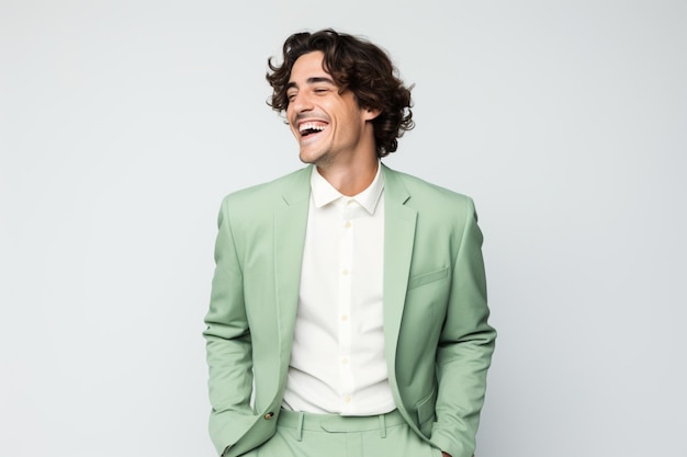 Asian business man laughing wearing green suit
