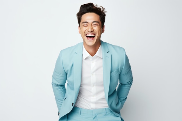 Asian business man laughing wearing light blue suit