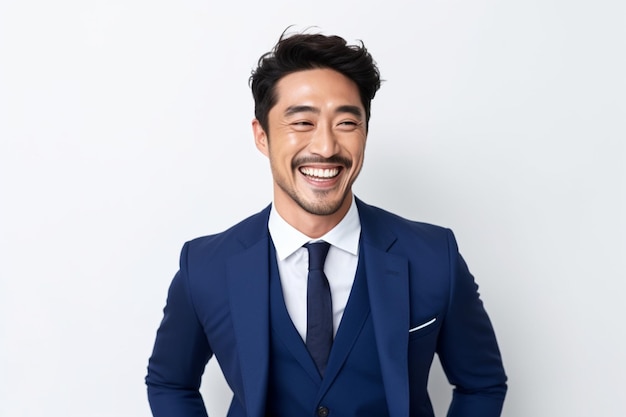 Asian business man laughing wearing navy suit