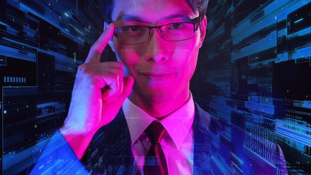 Asian business man smiling futuristic lighting in cyberspace background finance business company investment digital currency