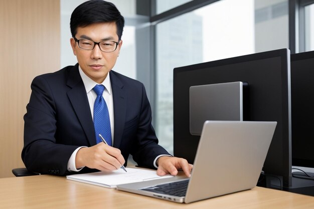 Asian business man working on a laptop in a professional office