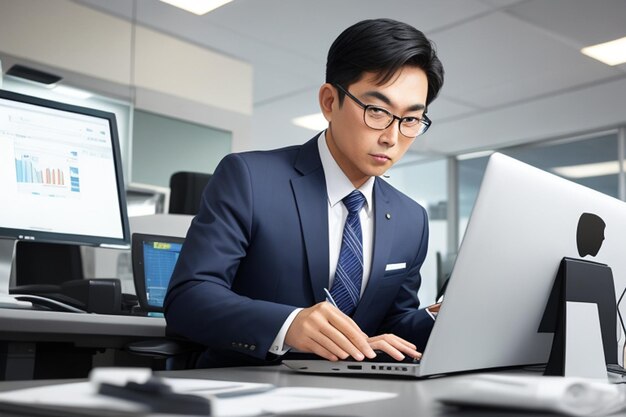 아시아 사업가 가 전문 사무실 에서 노트북 을 사용 하고 있다