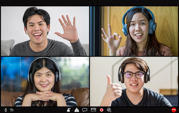 ビデオ通話会議でチームワークの同僚と会って投票するアジアのビジネスマン