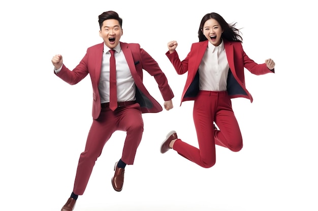 生成 AI をジャンプする赤いスーツを着たアジアのビジネスマン