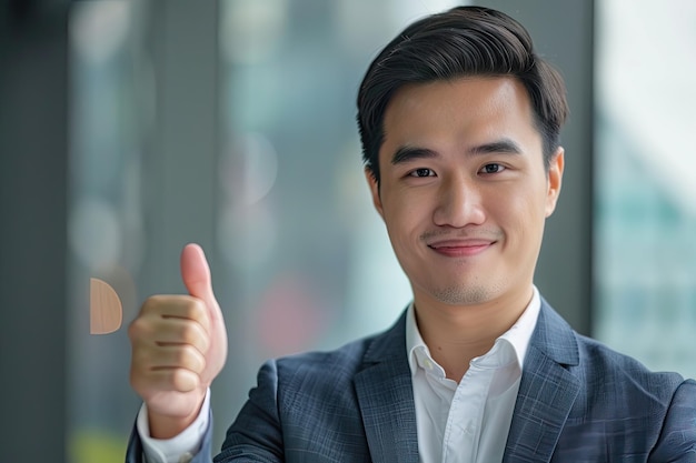 アジア の ビジネス チーム が オフィス で 親指 を 上げ て いる