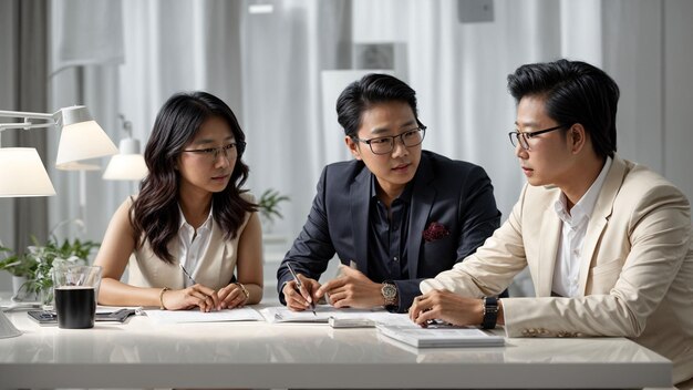 아시아 사업가 세 명이 세련된 색 책상에서 비전적인 아이디어를 논의하고 있습니다.