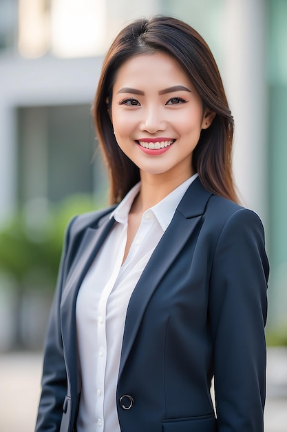 Photo asian business woman in blazer smiling on blurred background
