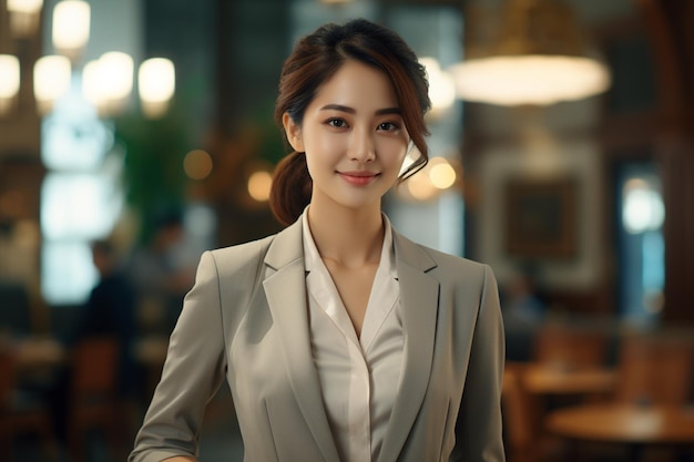 Asian business woman in blazer smiling on blurred background
