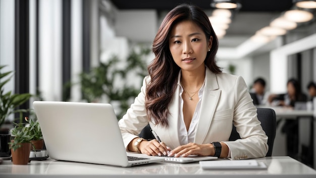 An Asian business woman confidently working on her laptop at a sleek white desk