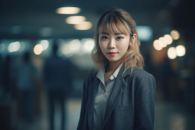 Asian business woman in a grey suit stands in a hallway with a blurry background