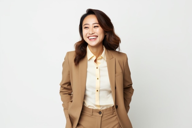 Asian business woman laughing wearing brown suit