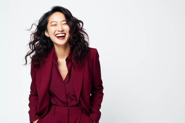 Asian business woman laughing wearing maroon suit