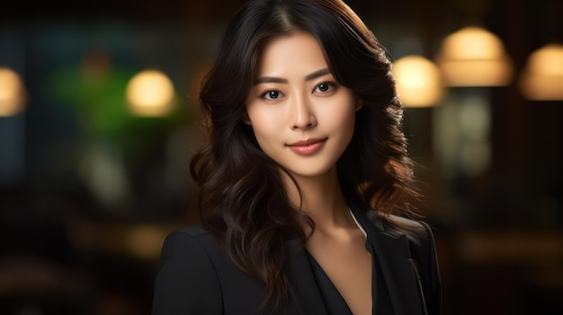 Азиатская деловая женщина Портрет профессионала в элегантном черном наряде, излучающего уверенность