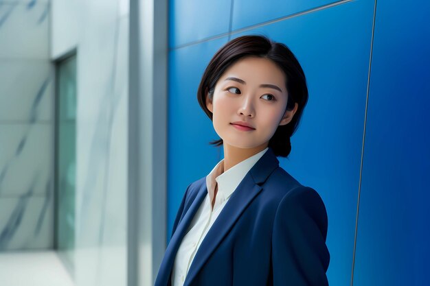 Asian business woman posing at the wall