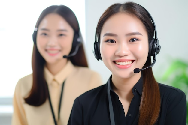 生成 AI で作成されたヘッドセットを装着して同僚と微笑むアジアのビジネス女性