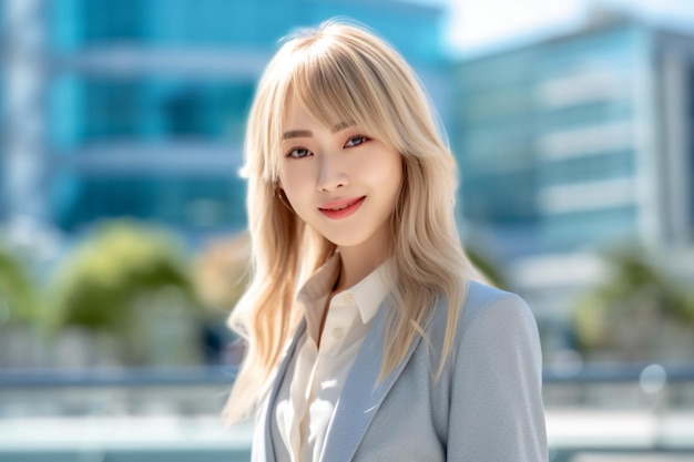 Asian business woman in suit standing in front of a building