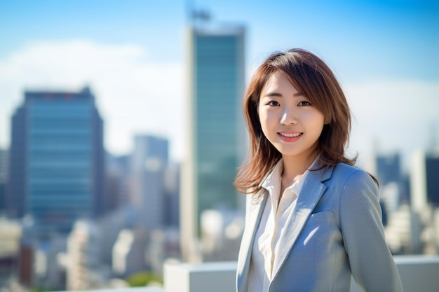 asian business woman wearing blazer standing with view of skyscrapers