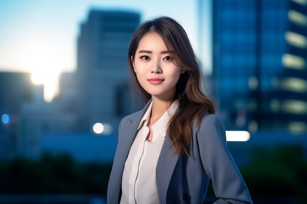 Asian business woman wearing blazer with view of skyscrapers