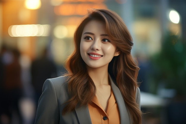 Asian business woman wearing blazer with view of skyscrapers