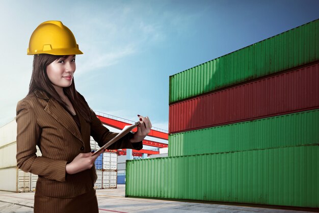 Asian business woman wearing hardhat