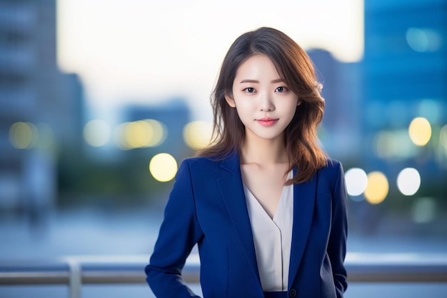 Asian business woman wearing navy blue blazer with view of skyscrapers