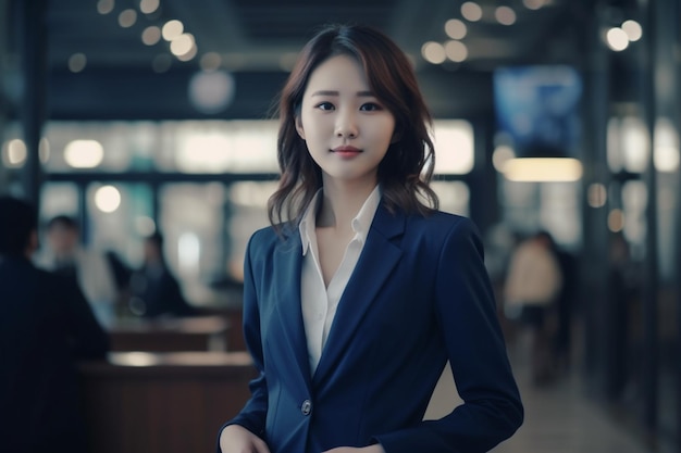 Азиатская деловая женщина в темно-синем костюме