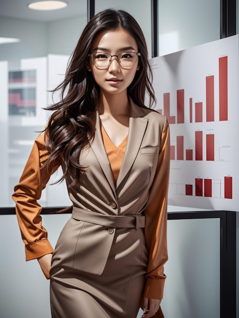 Asian Business Woman with Marketing Chart Background