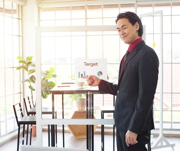 Foto uomo d'affari asiatico come leader della riunione che dà il punto del dito di presentazione sul grafico nella sala riunioni in ufficio.