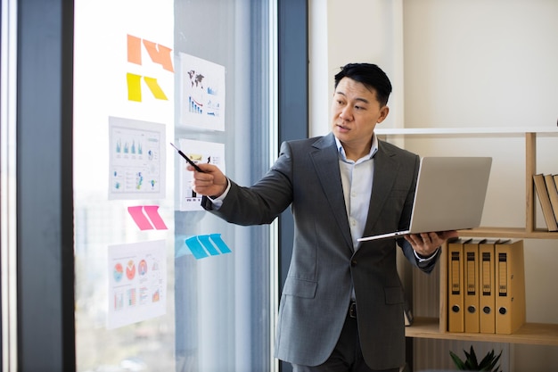 asian businessman discussing charts in video call with laptop