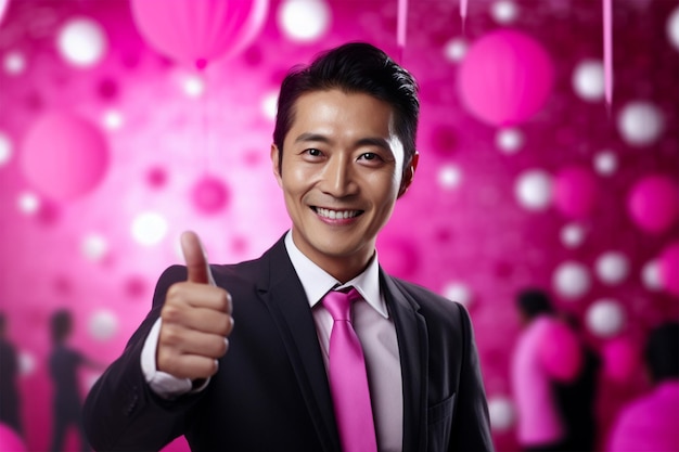 asian businessman happy with big smile pink and bright background Generated AI