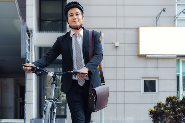朝、自宅から自転車を押すアジアのビジネスマン