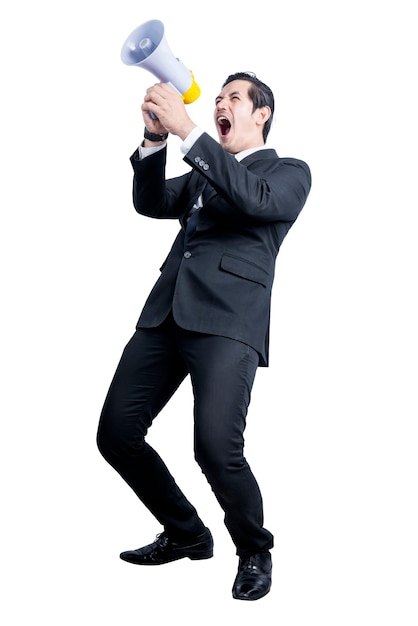 Photo asian businessman shout on megaphone