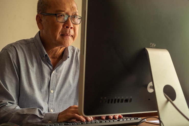 Photo asian businessman sitting and typing on a computer keyboard in the office room