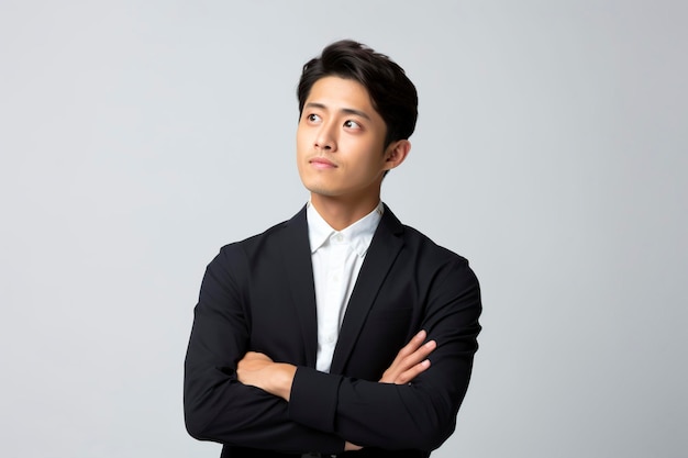 asian businessman thinking about posing in front of a camera