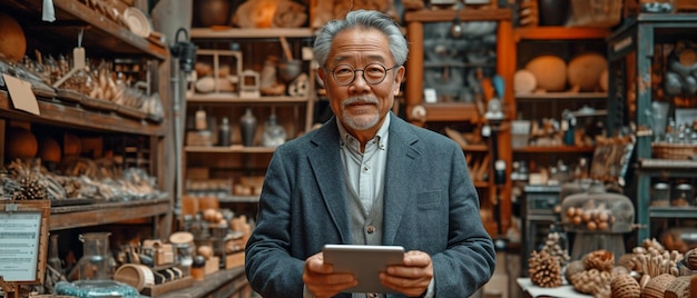 Азиатский бизнесмен использует iPad, стоя перед магазином деревянных ремесел