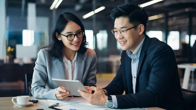 Asian businessman and woman discussing new business project