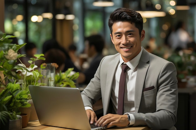 Азиатский бизнесмен, работающий на ноутбуке в баре Концепция удаленной работы Генеративный ИИ